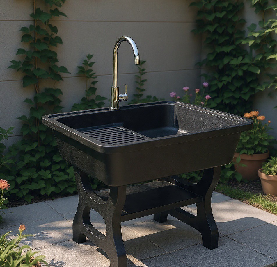 อ่างล้างจานขาตั้ง หินควอตซ์ 1 หลุม 1 ที่พัก DINOSAUR WASHTUB ขนาด 70X57X80ซม. สีดำ_1